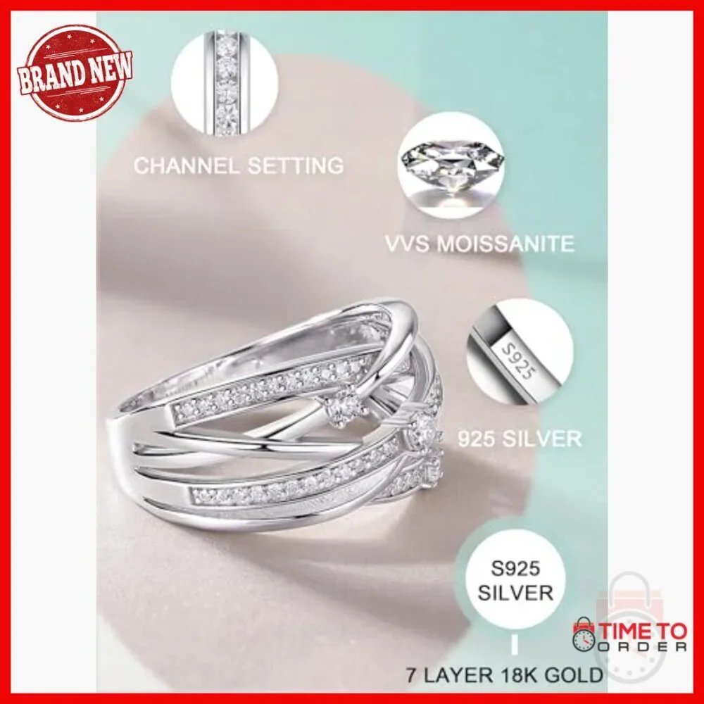 Sterling Silver Moissanite Halo Ring, Size 8, 1.75ct Wedding Band